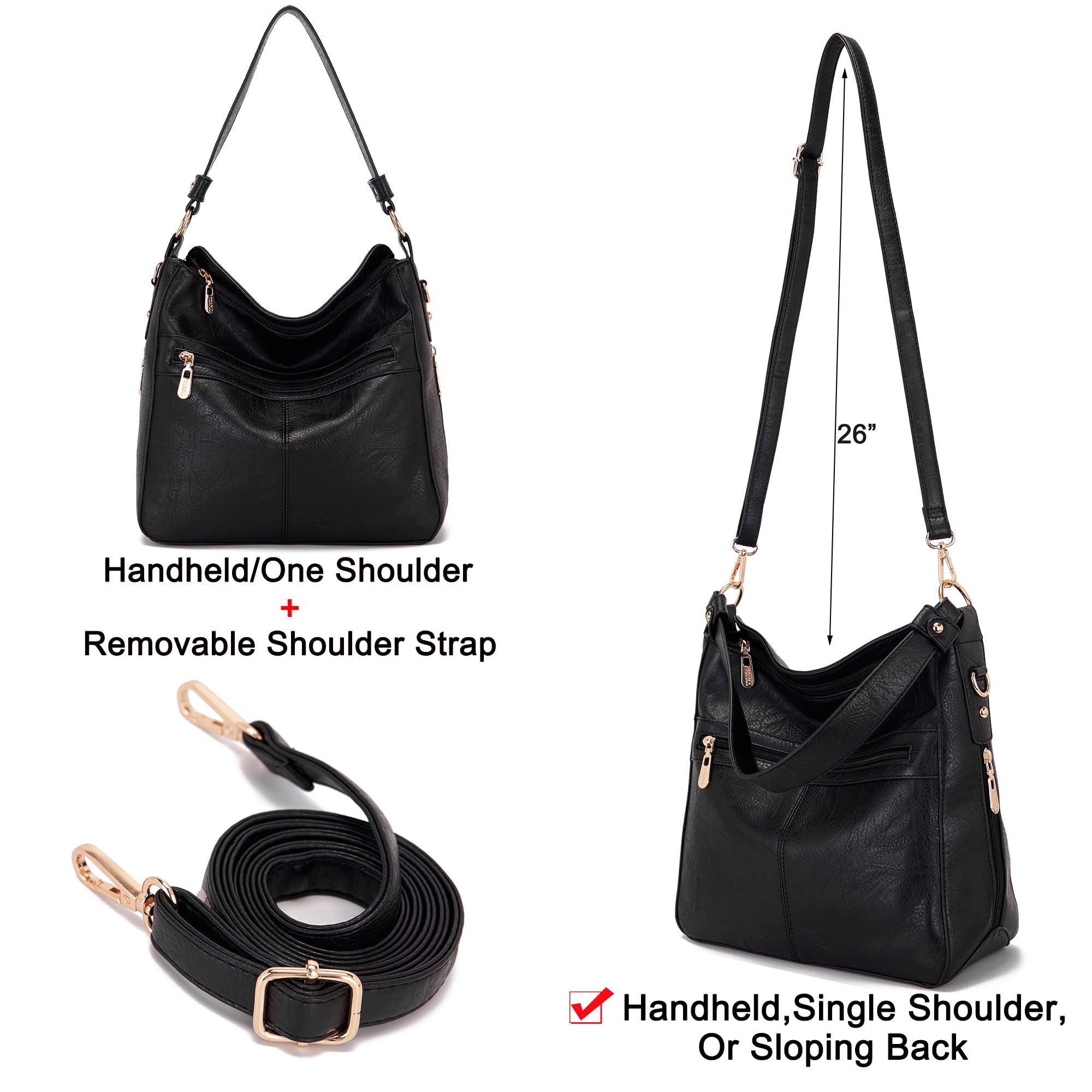 Womens Leather Hobo Handbag Ladies Fashion Tote Satchel Shoulder Crossbody Bags 2pcs Work Purses Set Black