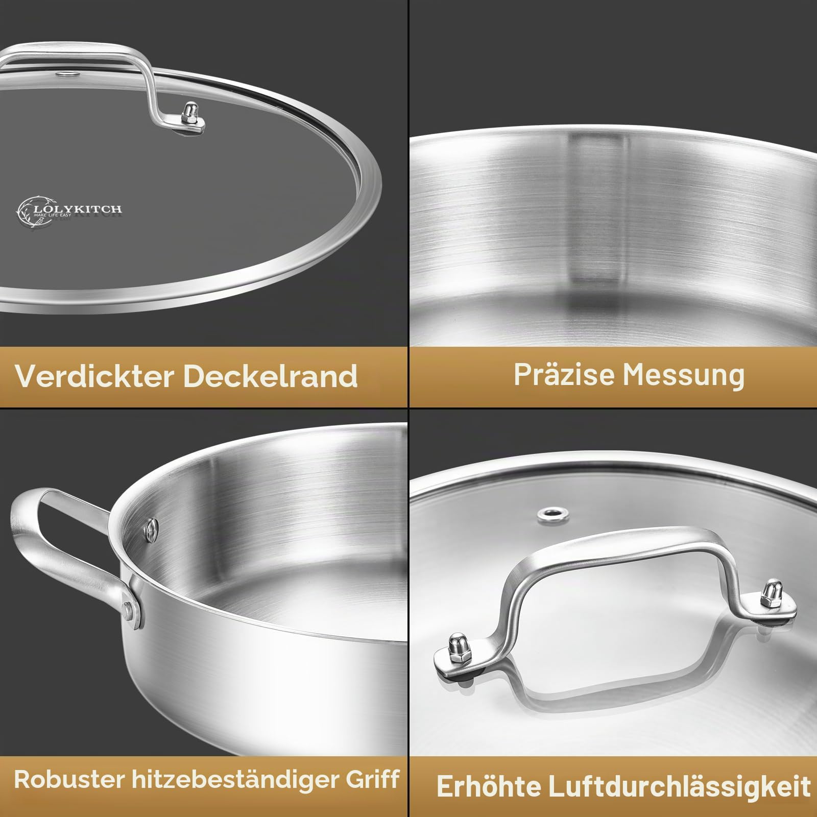 LOLYKITCH Sautépfanne 30 cm aus dreischichtigem Edelstahl, 6 L | Edelstahl mit Glasdeckel, ohne Antihaftbeschichtung, geeignet für Induktion und alle Herdarten, PFAS-frei, für 4–6 Personen