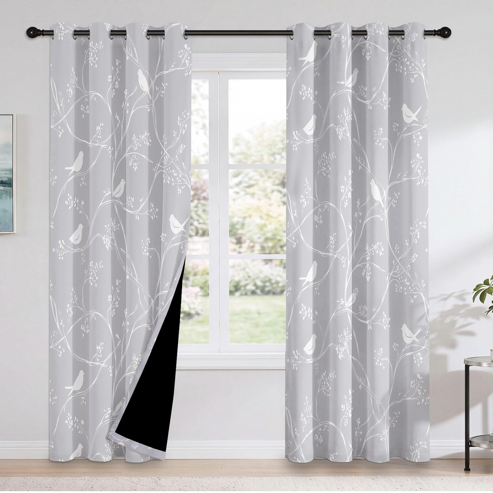 Rideau occultant à Motif de Petits Oiseaux, Oiseau Feuille Rideaux œillets Isolation Thermique Traitements fenêtre à œillets pour Chambre À Coucher, 140L X 260H cm (2 Panneaux), Gris Blanc