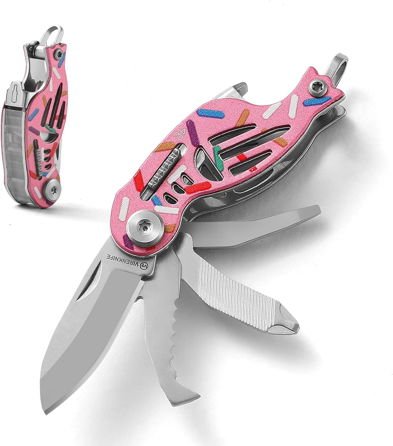VIRENKNIFE Folding Pocket Utility Knife,Keychain Knife，9 in 1 Multitool，Package Opener，Bottle Opener, Screwdriver, Component Safety Lock, Box Cutter,Mini EDC Knives for Everyday Carry（Donut）