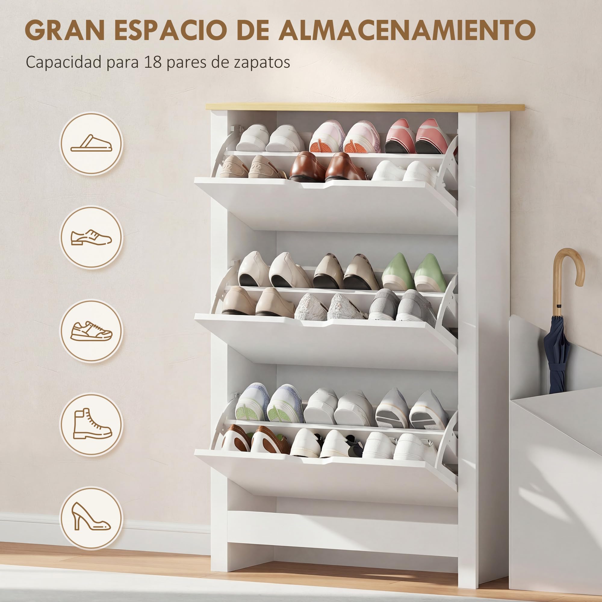 HOMCOM Zapatero Estrecho Zapatero de Entrada Recibidor para 18 Pares de Zapatos con 3 Cajones Abatibles y Estantes Ajustables para Pasillo 72x26x112 cm Blanco
