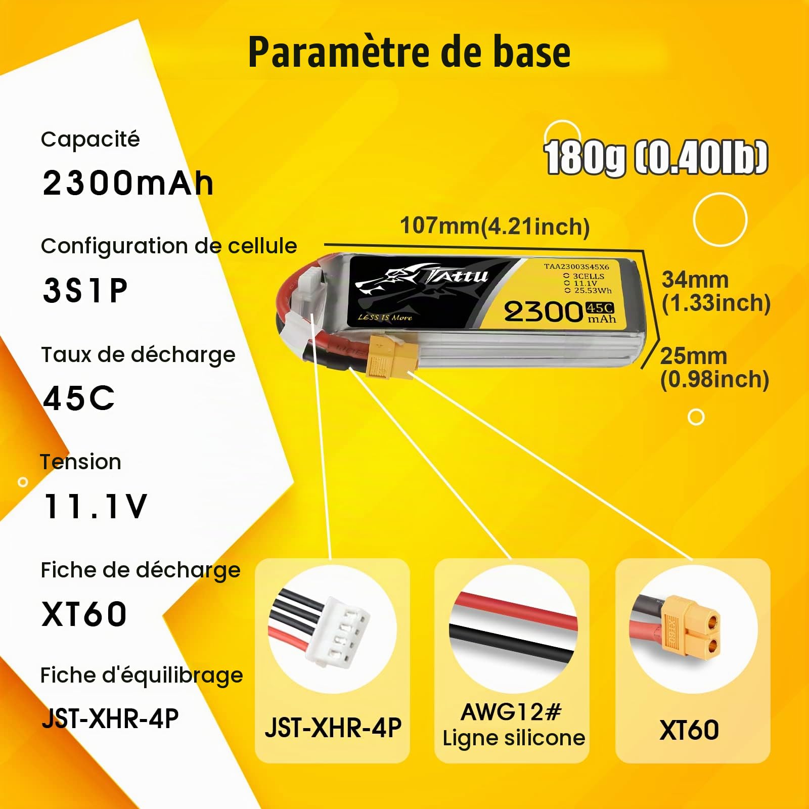 Tattu Batterie lipo 3s 2300mAh 11.1V 45C 3S pour FPV Racing Quadricoptère Racing Diverse Avions d'hélicoptère Drone et maquettes de Bateaux