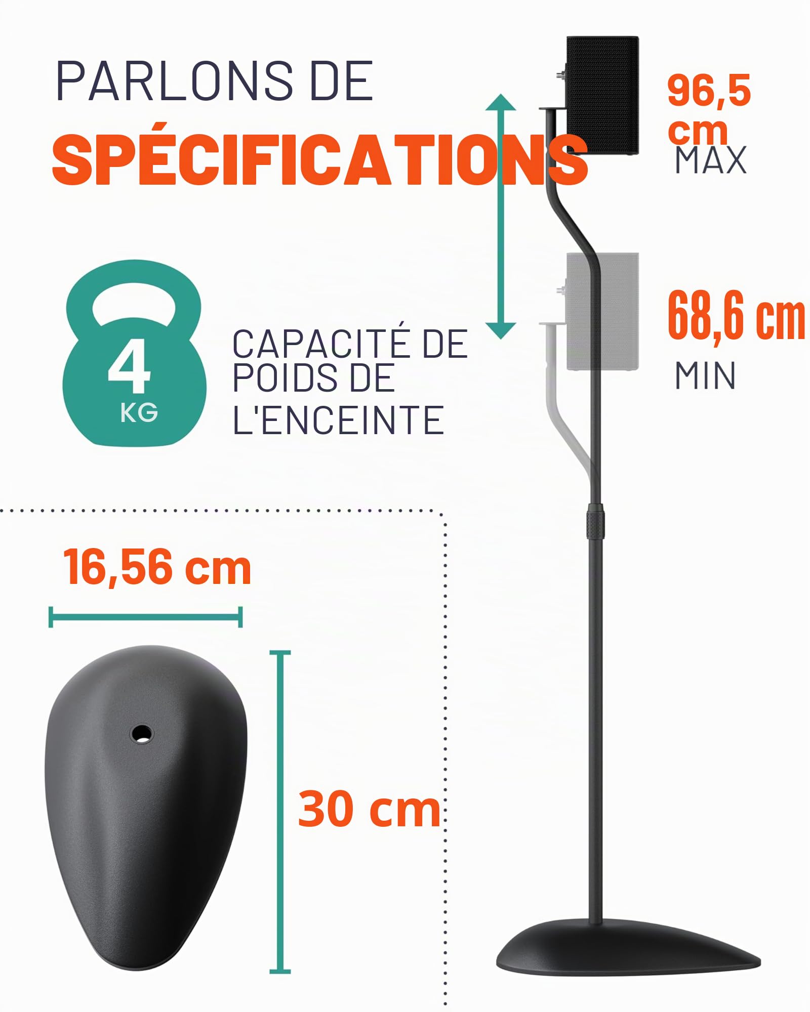 ECHOGEAR Supports de Haut-parleurs réglables en Hauteur – Compatibilité Universelle avec Les Haut-parleurs Satellite – Design en Acier Massif avec Gestion des câbles intégrés et Pointes de Moquette