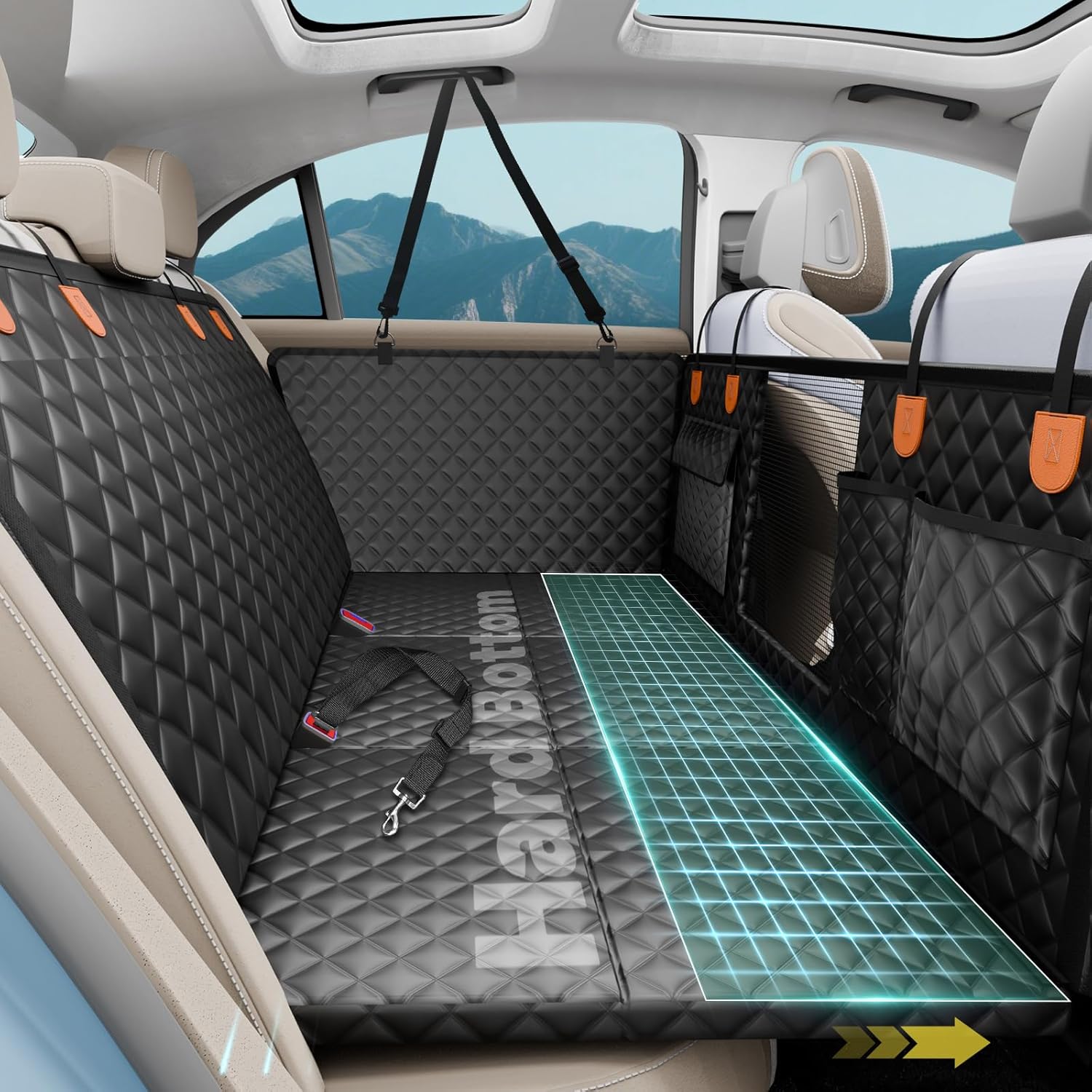 Dog Car Seat Cover for Back Seat,Waterproof Back Seat Extender for Dogs with Hard Bottom,Dog Hammock for Cars, SUVs,Pet Seat Cover for Back Seat Holds 400lbs with Mesh Window & Pocket