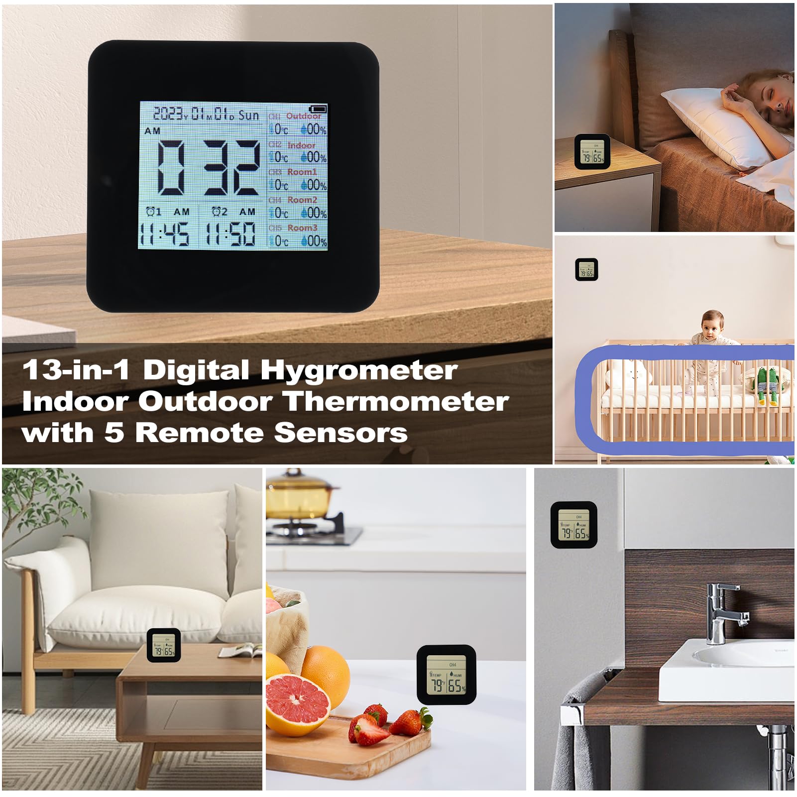 Hygromètre numérique 13 en 1, thermomètre intérieur et extérieur avec 5 capteurs à distance, moniteur de température et d'humidité sans fil, horloge météo avec portée de 60 m (5 capteurs)