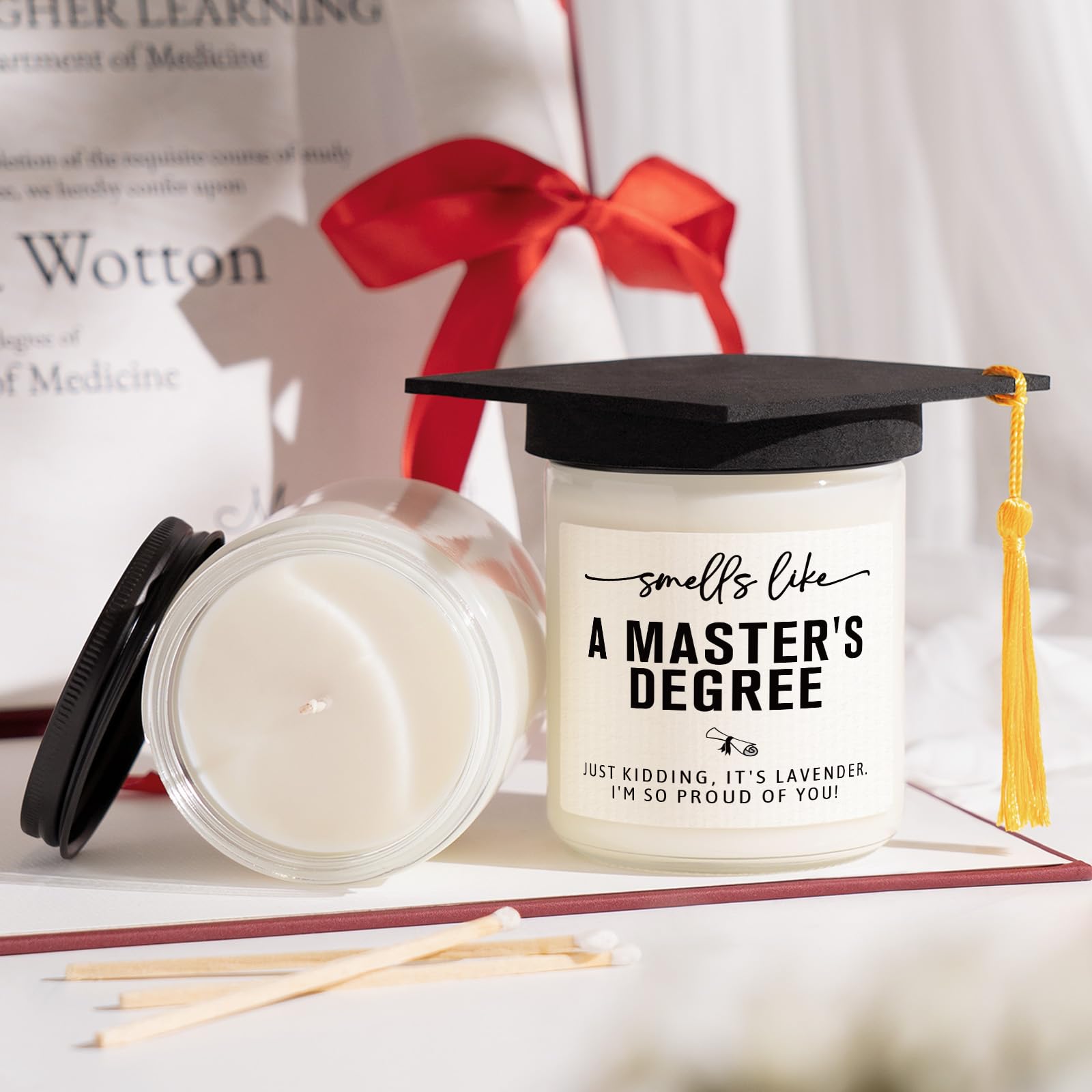Masters Degree Graduation Gifts- Funny Masters Degree Candle with Mortarboard- Graduation Gift for Her/Him/Graduates, Grad Gift for Women/Men, Lavender, Soy Wax