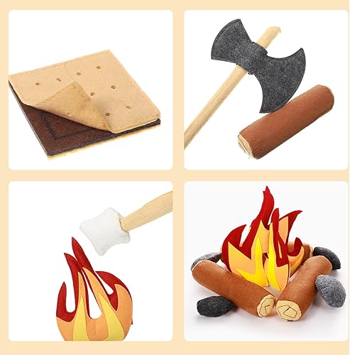 Miniatura 4 de Civaner Juego de juguetes de simulación de fogata para niños con 2 almohadas de tronco, 2 juego de felpa falsa de fuego y smores, 20 piezas de