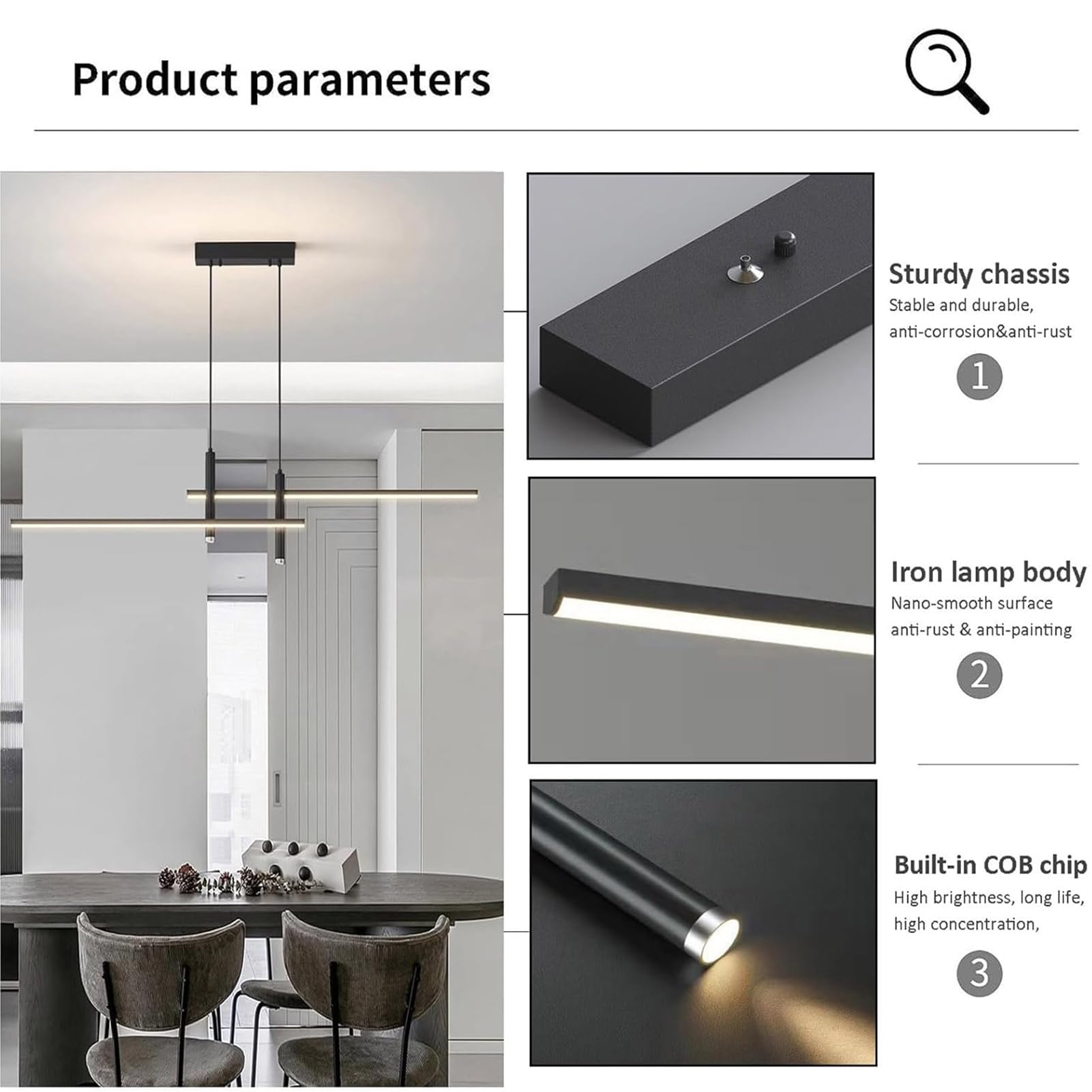 Moderne LED Pendelleuchte für Esstisch & Esszimmer - Dimmbar, Höhenverstellbar mit Fernbedienung - Hängeleuchte Küche, Büro, Wohnzimmer - Kronleuchter mit Linearem Design (Schwarz, 150cm)