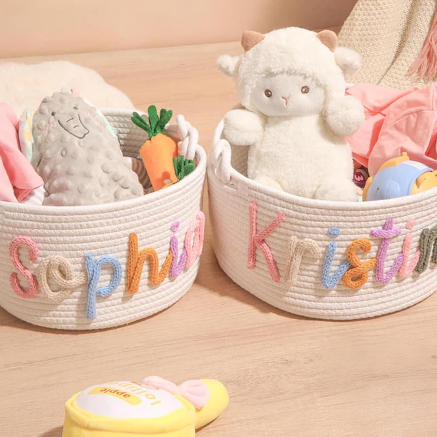 Generic Personalized Baby Name Basket, Custom Cotton Rope Basket Diaper Caddy Baby Stuff Organizer Storage Bin for Nursery Essentials (Style E)