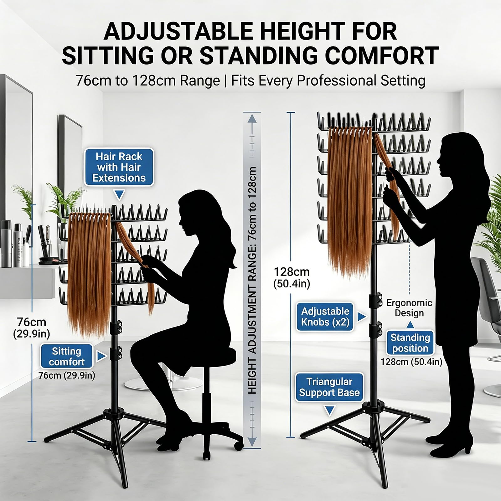 Braiding Hair Rack Support pour extensions de cheveux réglable en hauteur et pliable, 144 stylos, avec pinces à cheveux + peignes, support de perruque, pour coiffeurs et tresses, noir