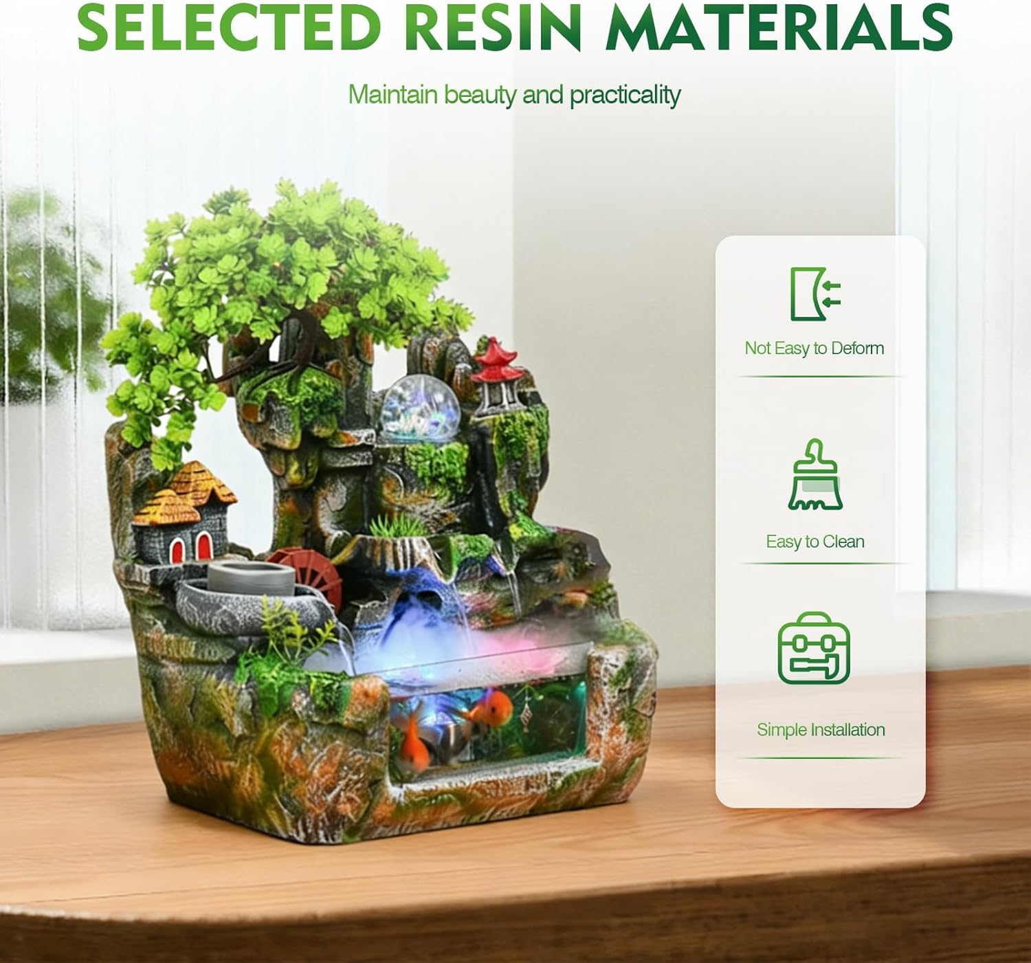 Upgraded Resin Tabletop Waterfall Fountain with LED Mist, Mini Fish Tank & DIY Rockery Landscape – Relaxing Desktop Fountain for Office, Bedroom & Home, Quiet Indoor Water Feature