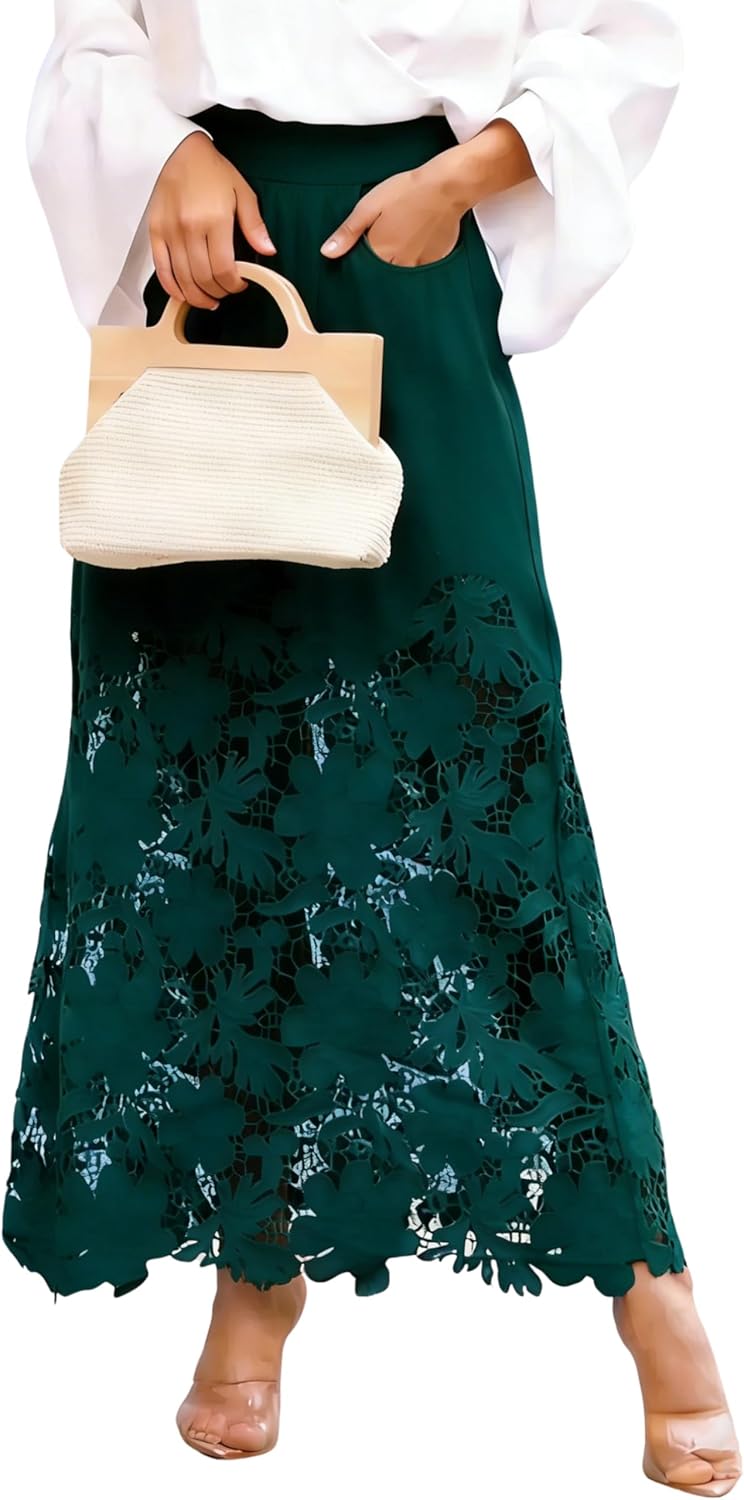 MINSURE Women's High Waisted Lace Maxi Skirt with Pockets, Floral Lace Patchwork Long Skirt for Office Casual
