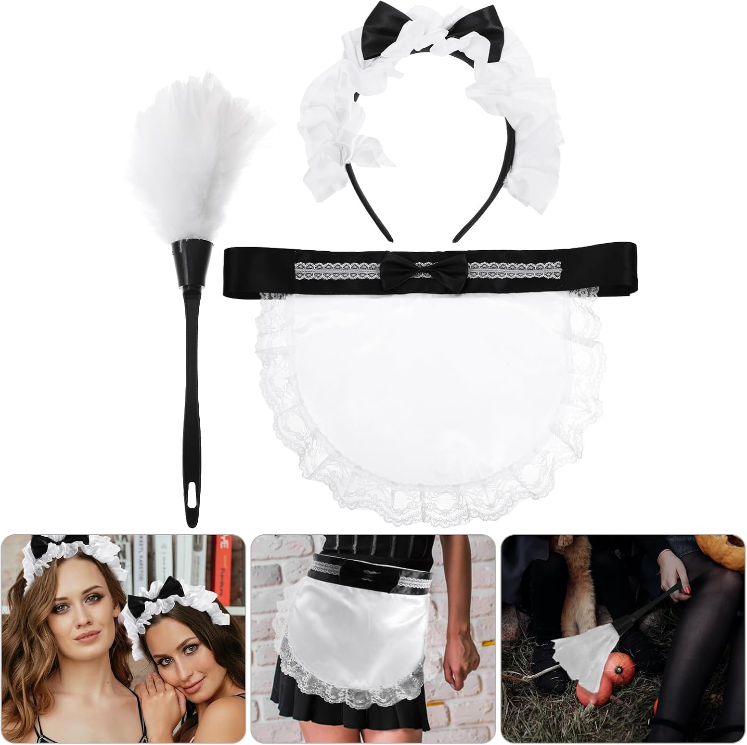Gadpiparty Cleaning Lady Costume Accessories Set Anime Lace Hair Hoop Ruffled Apron Feather Duster Costume Maid Outfit Women Waist Apron for Maid Dress Up