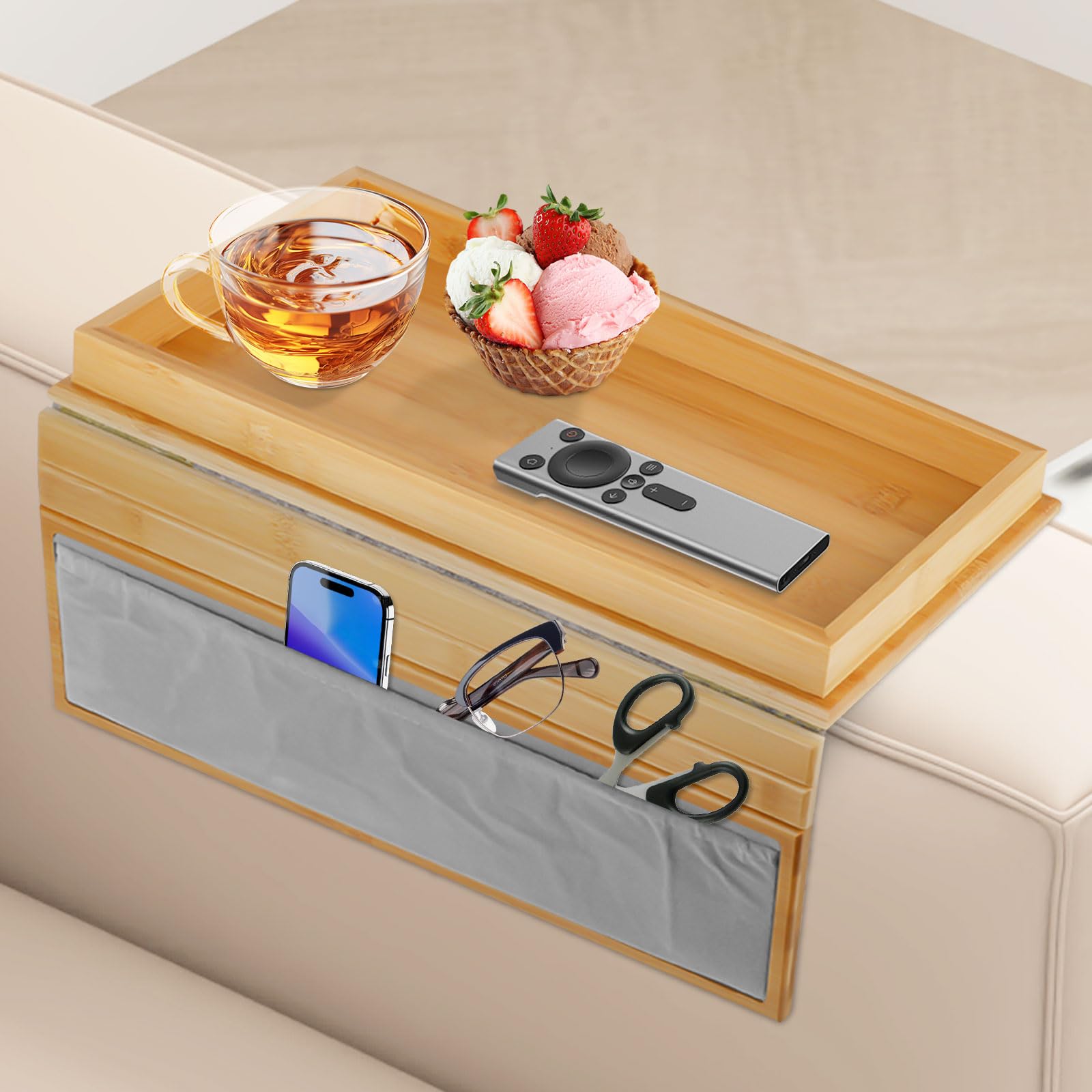 Vassoio per divano in bambù organizer per braccioli pieghevole con tasca laterale, organizer per comandi per bevande e snack, sottobicchiere per braccioli -Base antiscivolo