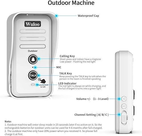 Miniatura 6 de Wuloo Timbre de puerta de intercomunicador inalámbrico para intercomunicador doméstico (1 y 1 blanco)