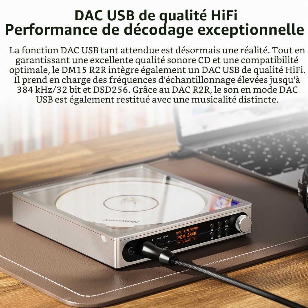 FiiO Lecteur CD stéréo portable DM15 avec véritable DAC R2R 24 bits, sortie haute puissance 1150 mW + 1150 mW, émetteur Bluetooth adaptatif aptX, 24 préréglages sonores, audio Hi-Fi USB/CD, écran HD
