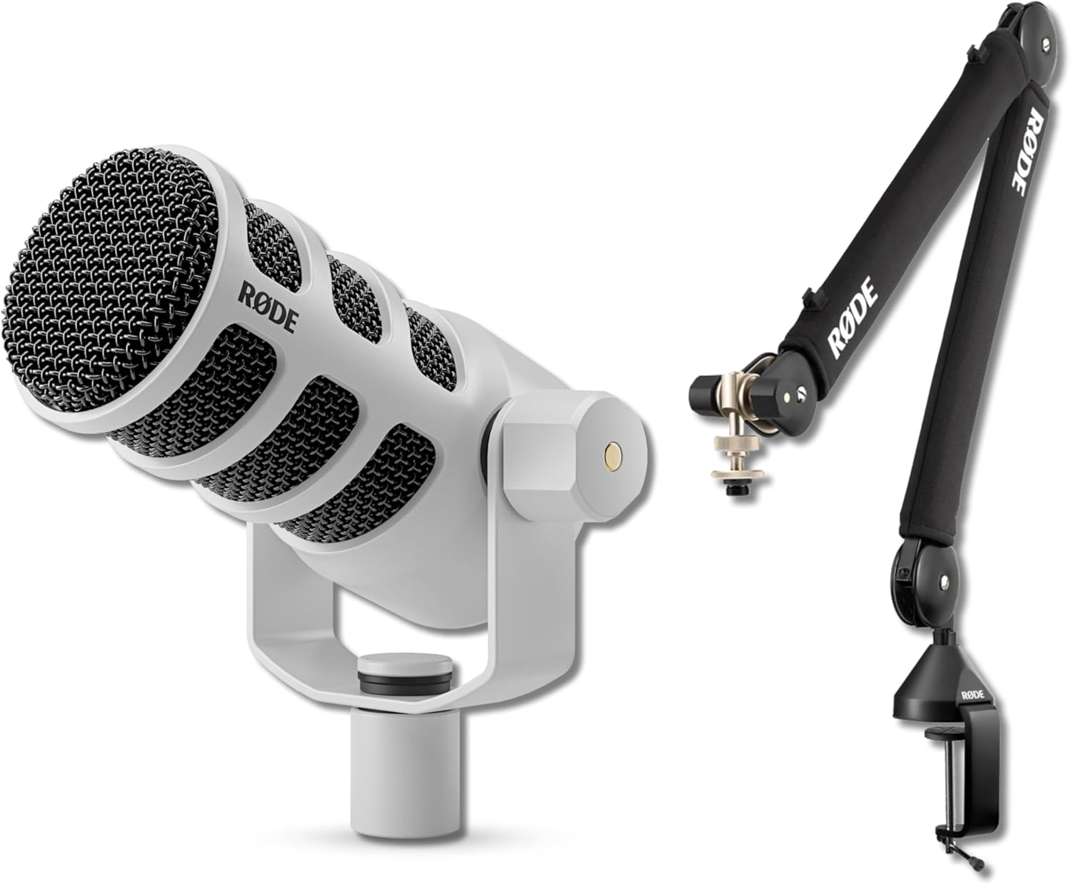 Rode PodMic Cardioid Dynamic Broadcast Microphone (White) with PSA1+ Podmic Mic Arm and XLR Cables