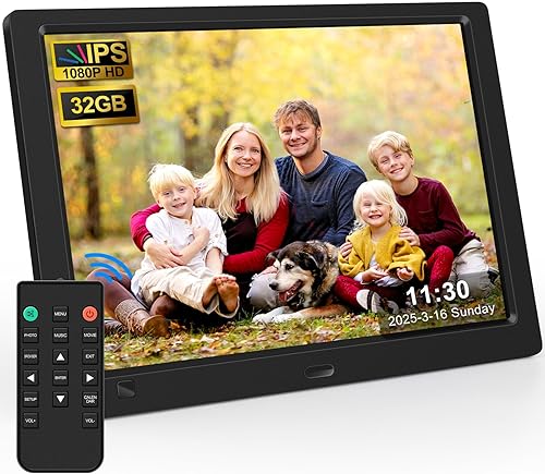 Marco de fotos digital de 10.1 pulgadas con unidad flash USB de 32 GB, KECAG 1920 x 1080 HD IPS, marco de fotos digital, sensor de movimiento,