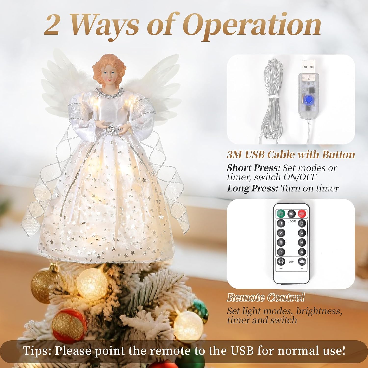 Lewondr Christmas Tree Topper Angel, 12" Lighted Angel Tree Topper with 8 Modes, 6H Timer Angel Figurine Christmas Tree Top Wings, Remote & USB Powered Xmas Decor for Tree Tabletop Home, Silver