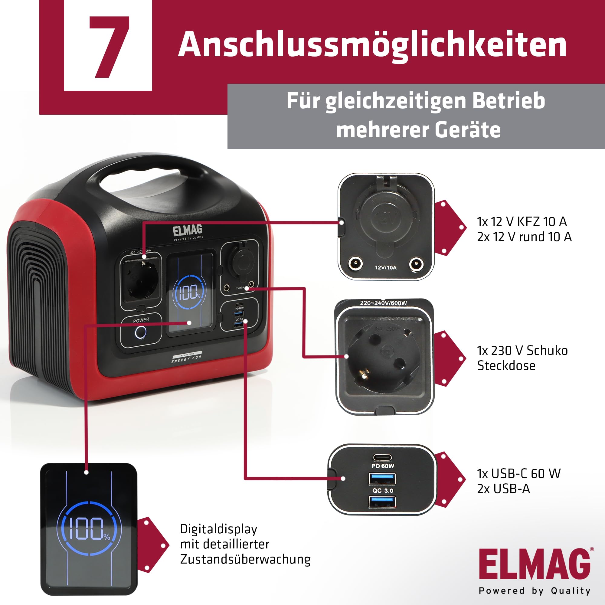 ELMAG Solargenerator-Set Energy 600 + SOLAR 100 595Wh tragbare Powerstation mit faltbarem 100Wp Solarpanel Stromspeicher mit LiFePO4 Akku & 230V AC/DC/USB Ausgabe Für Camping, Outdoor & Notstrom