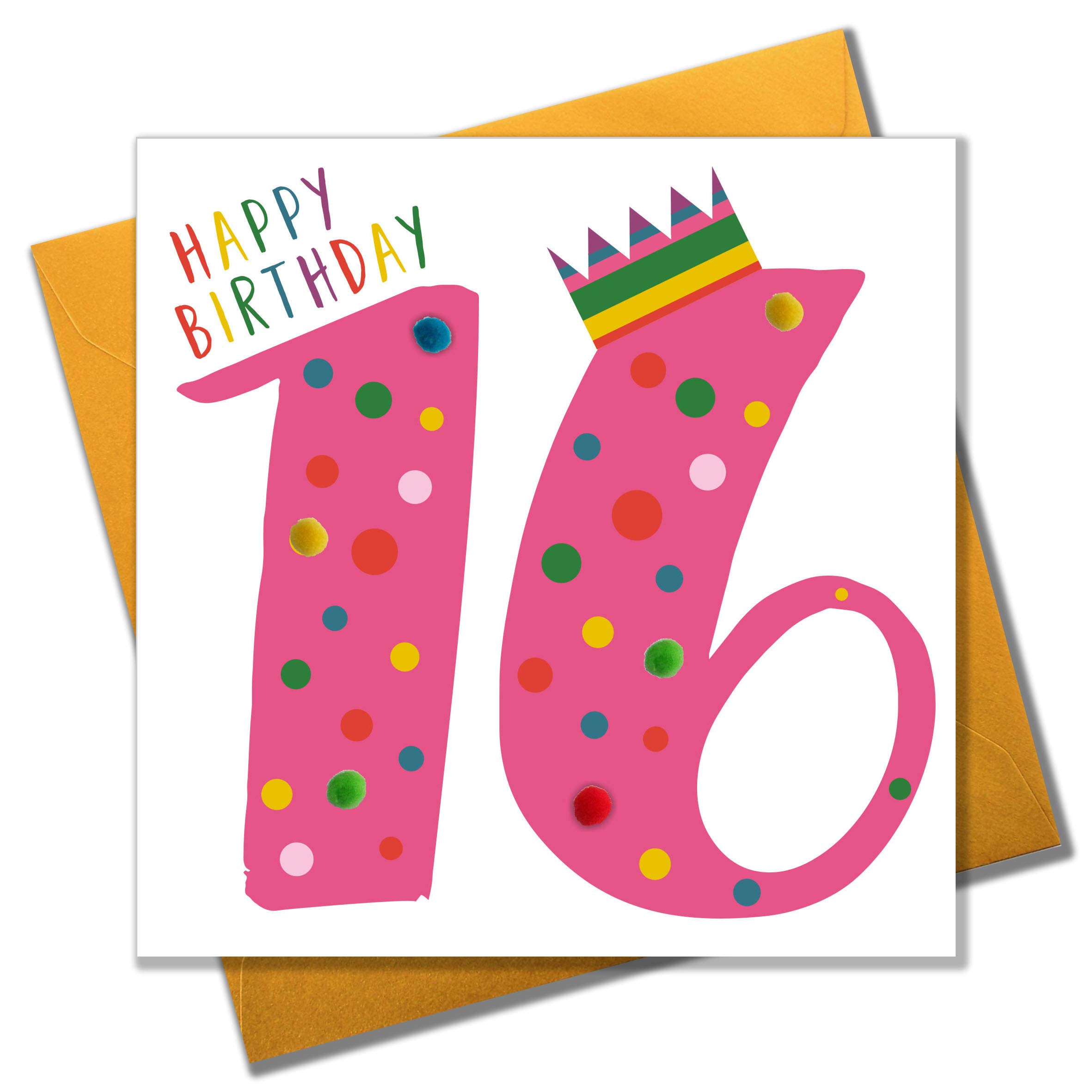 Claire Giles POM116P Age 16 Greeting Card Embellished with Pompoms - Pink
