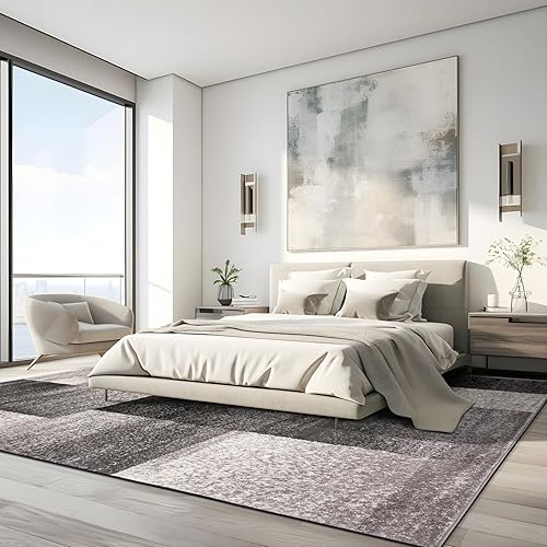 Miniatura 8 de Rugshop Alfombra gris grande moderna con diseño de cajas envejecidas, pelo suave resistente a las manchas para sala de estar, oficina y comedor, 8 x