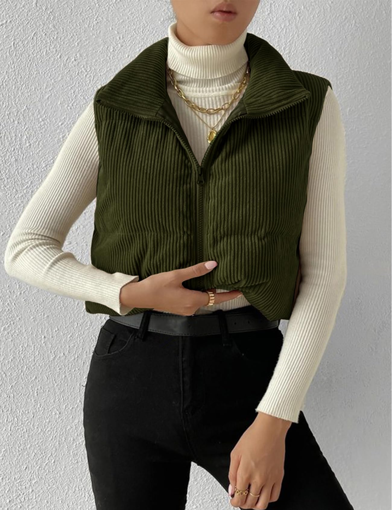Gihuo Damen Cord-Puffer-Weste Cropped-Stehkragen Reißverschluss Weste Gesteppte Ärmellose Jacken Weste