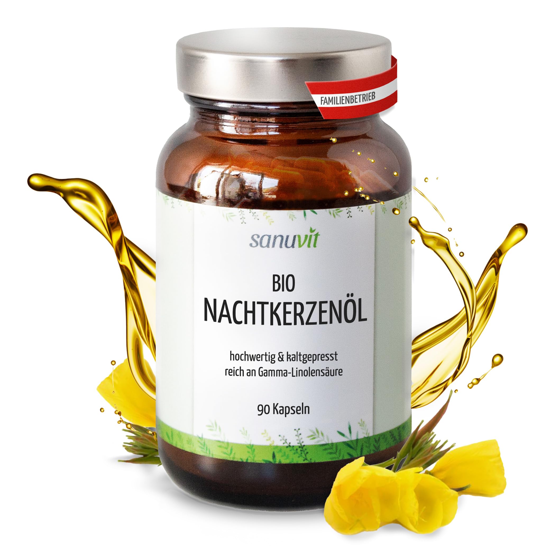 Sanuvit® - BIO Nachtkerzen-Öl 500 mg | 90 Kapseln | reich an Gamma-Linolensäure | Hochdosiert | Hohe Bioverfügbarkeit und Verträglichkeit | Vegan | Hergestellt in Österreich
