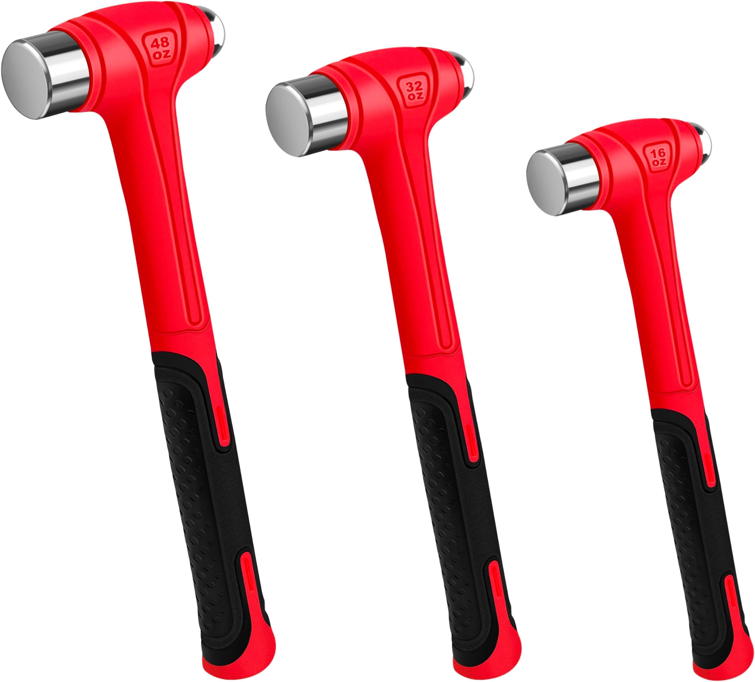 3 Piece Ball Peen Hammer, 16oz 32oz 48oz, Fiberglass Handle hammer for Ball Peen, Blow Striking Ball Pein Hammer Handle Tool with Forged Steel Construction for Metal Working