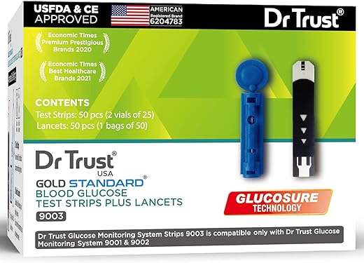 Dr Trust USA Gold Standard Blood Glucose Test Strips Plus Lancets – 50 Strips (Black)