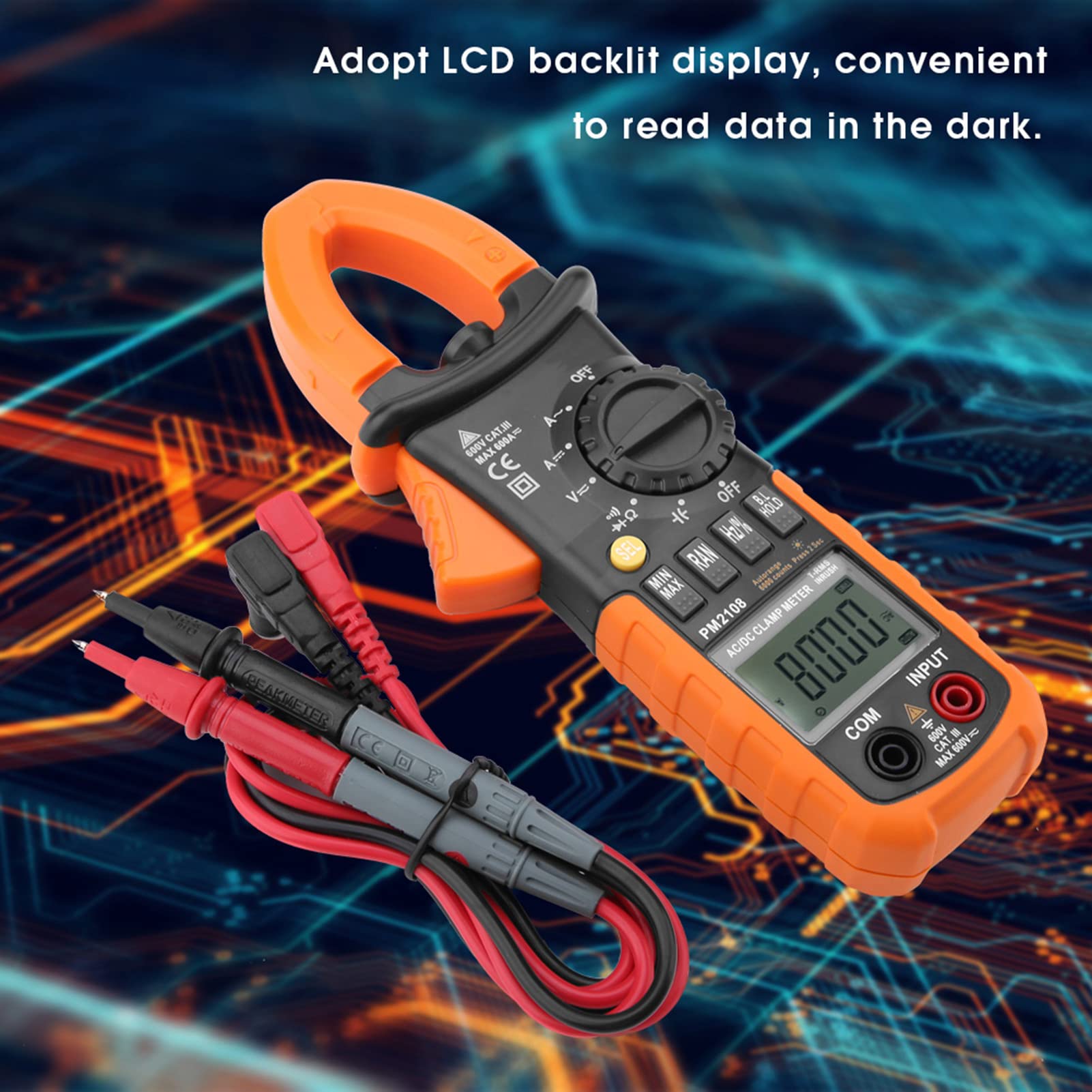 Dioche Przenośny Tester Napięcia PEAKMETER PM2108 Cyfrowy Miernik Cęgowy - Przenośny Multimetr z Podświetlanym Wyświetlaczem LCD, Dokładny Pomiar Napięcia, Prądu i Rezystancji