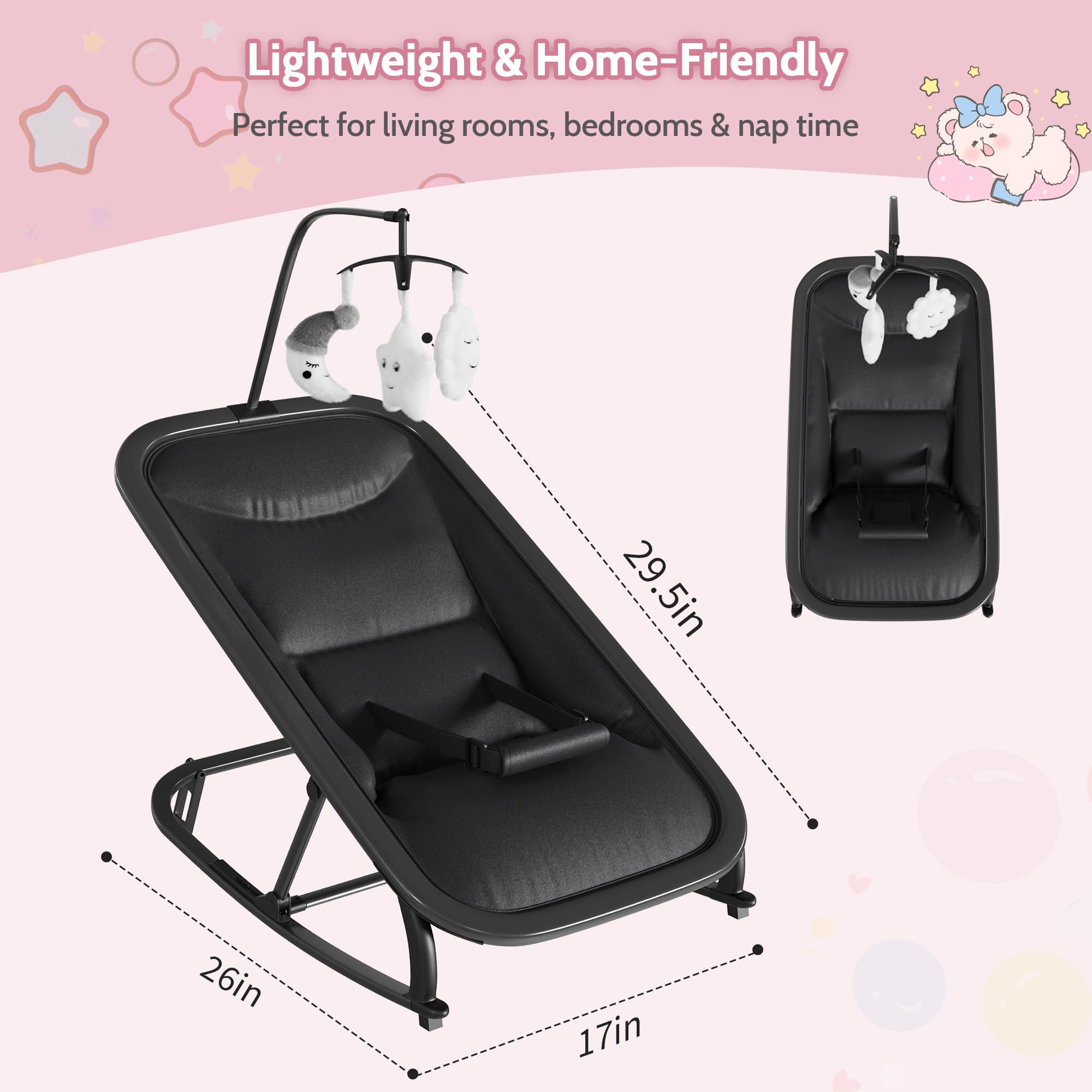 Garvee Silla Mecedora para Bebé 0-12 Meses - Hamaca Infantil Plegable con Respaldo 3 Posiciones, Barra de Juegos, Arnés 5 Puntos, Funda Desmontable, Estructura Aluminio Ligera - Negro