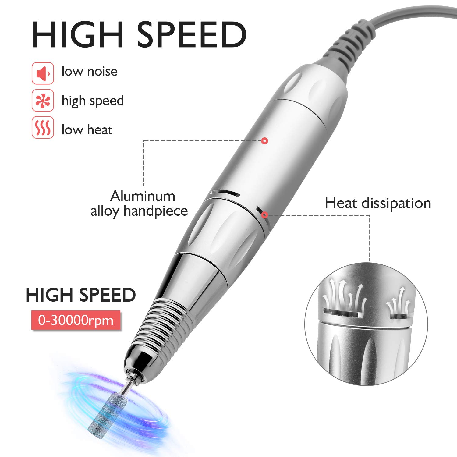 Nail Drill Machine, AZ GOGO 30000RPM Professional Rechargeable Portable Electric Efile Nail Drill for Acrylic Gel Nails, Manicure/Pedicure, Polishing, Cuticle - Salon or Home Use(White)