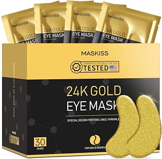 Maskiss 24K Gold Under Eye Patches (30 Pairs) - Collagen Eye Masks for Puffy Eyes, Dark Circles, Wrinkles & Anti-Aging