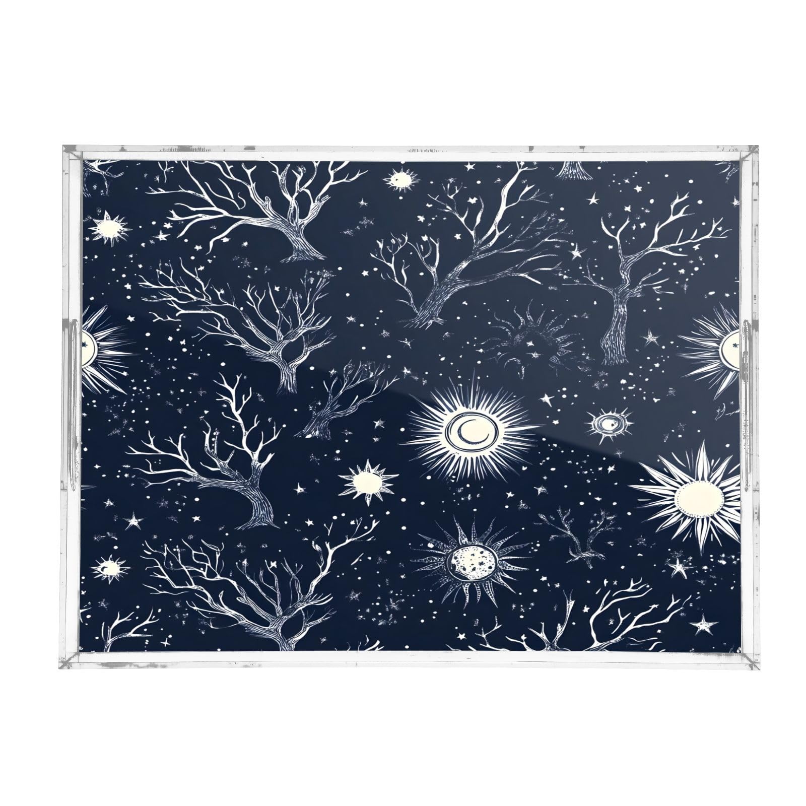 BOESI Doodle Tree and Sun Pattern Acrylic Decorative Dining Tray, Acrylic Decorative Tray Organizer with Handle for Kitchen, Dining Room, Bathroom, Dresser