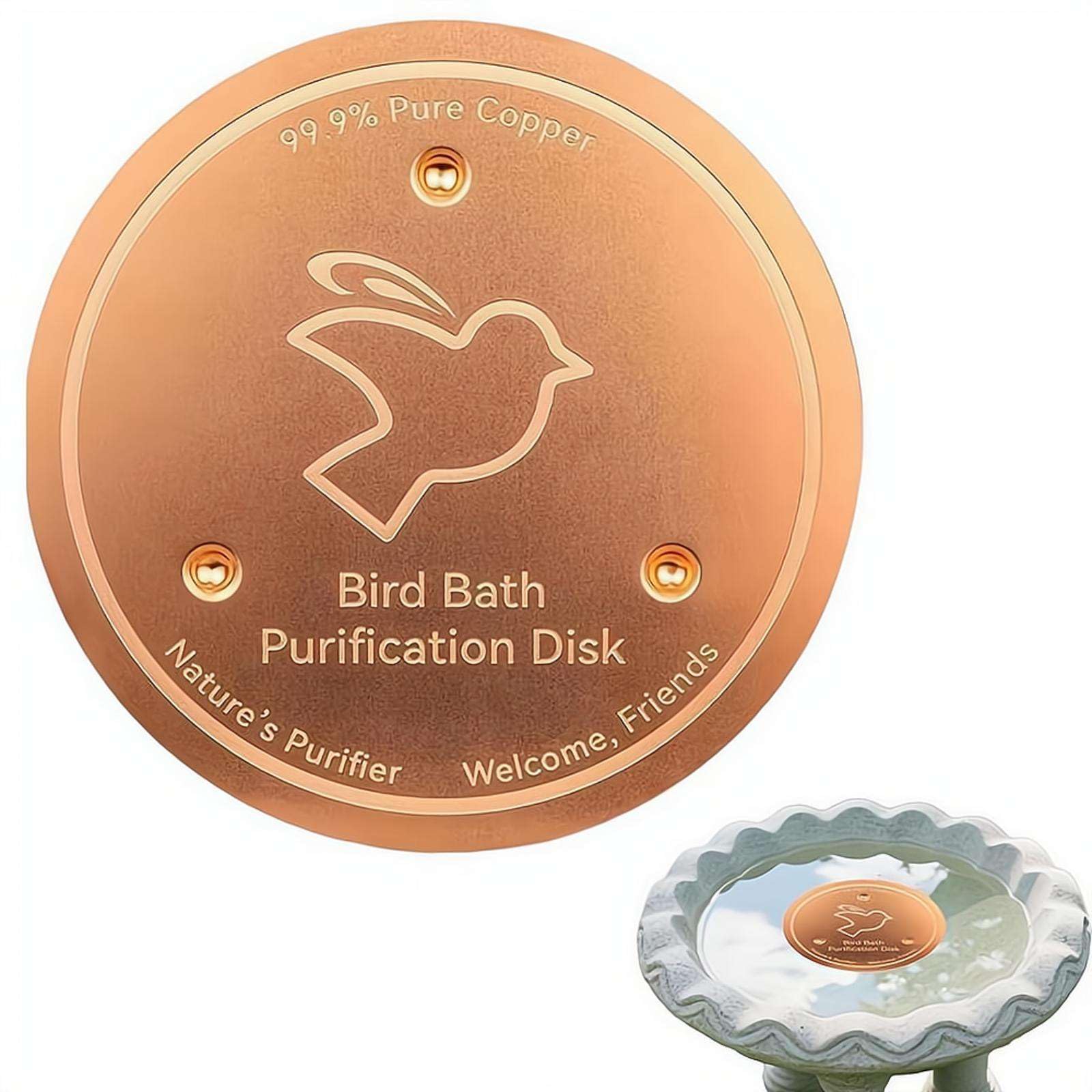 Bird Bath Copper Disk — 2mm Thick 99.9% Pure Copper Bird Bath Cleaner Disk, All-Season Natural Water Purifier for Outdoor Birdbaths Bowls Fountains, Elegant Bir-d Engraved Grounded Coin Metal Plate