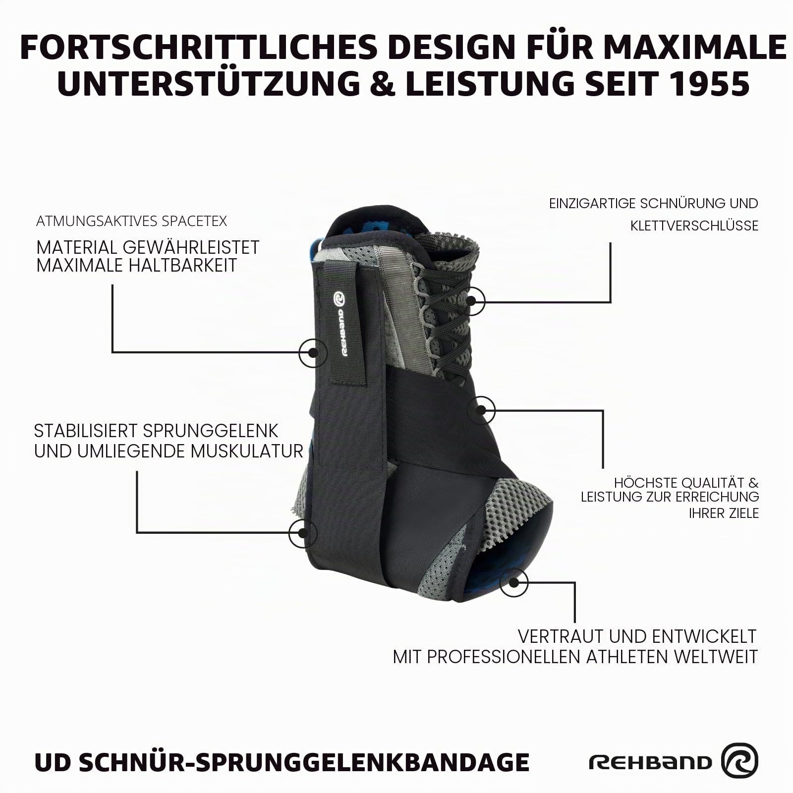 Rehband Knöchelbandage für Sprunggelenk, Stützbandage Fußgelenk links/rechts, Sprunggelenkbandage Sport für Stabilität & Sicherheit, Farbe:Grau, Größe:M