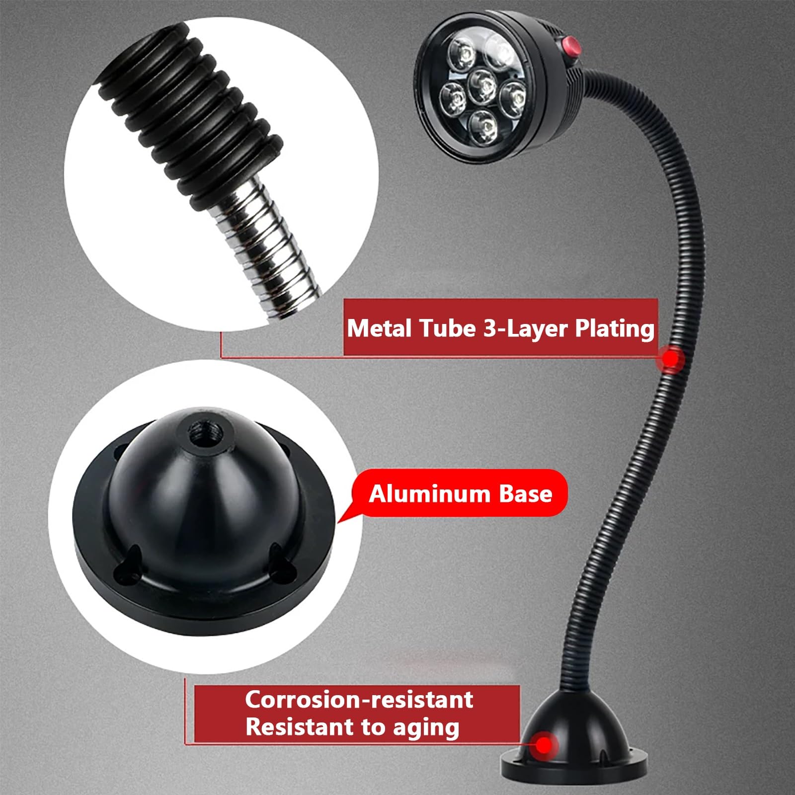 Lampada da Lavoro Impermeabile IP68, Lampada Industriale Flessibile a Collo D'oca per Banco da Lavoro, Base di Montaggio in Lega di Alluminio(6W 110~220V)