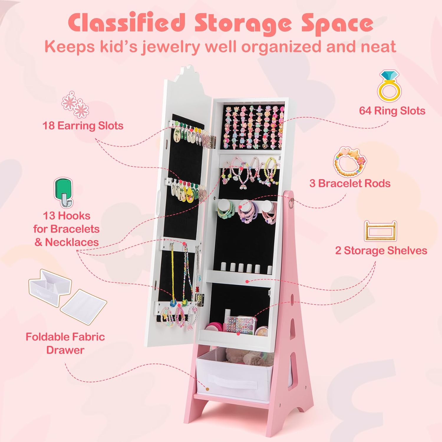 GLACER Kids Jewelry Armoire Cabinet with Full-Length Mirror, 43.5" Jewelry Organizer with Foldable Drawer, 2 Adjustable Tilt Angles, Kids Vanity Dress Up Mirror Jewelry Cabinet for Girls (White)