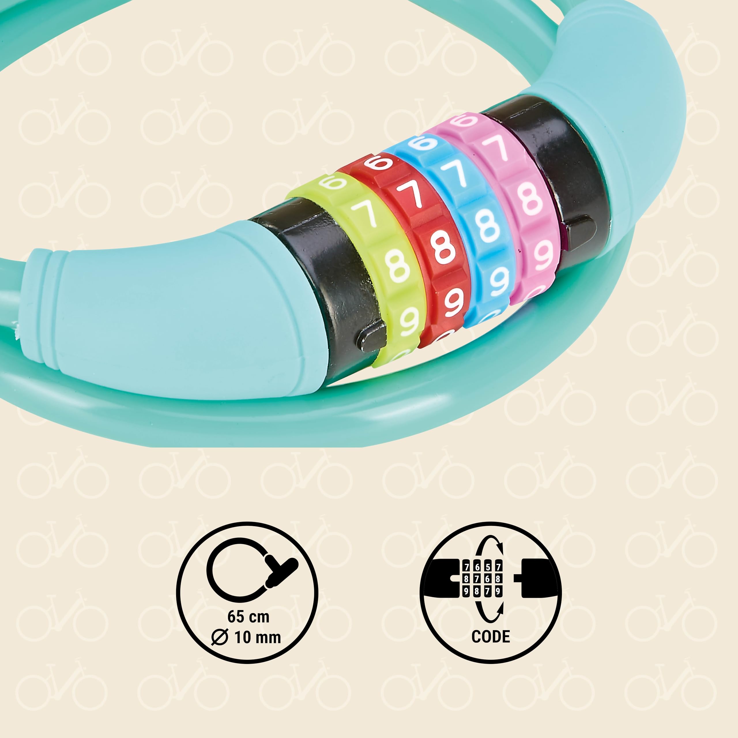 Prophete Lucchetto per bicicletta con numeri per bambini, combinazione a 4 numeri, codificabile liberamente, dimensioni: 650 mm, Ø 10 mm, turchese