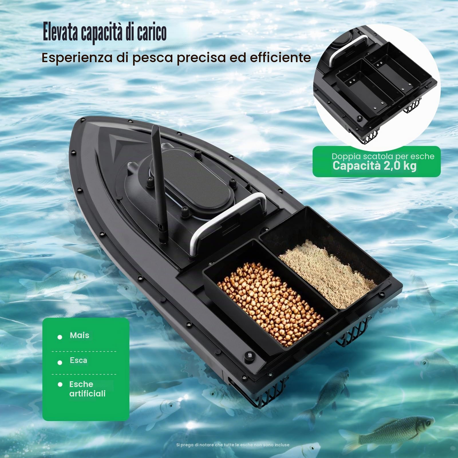 Barca per esche da pesca a foraggio senza fili, con telecomando per esche a doppio motore, per pesca notturna, pesca alla carpa, barca da esca da pesca con (550 x 267 x 172 mm)