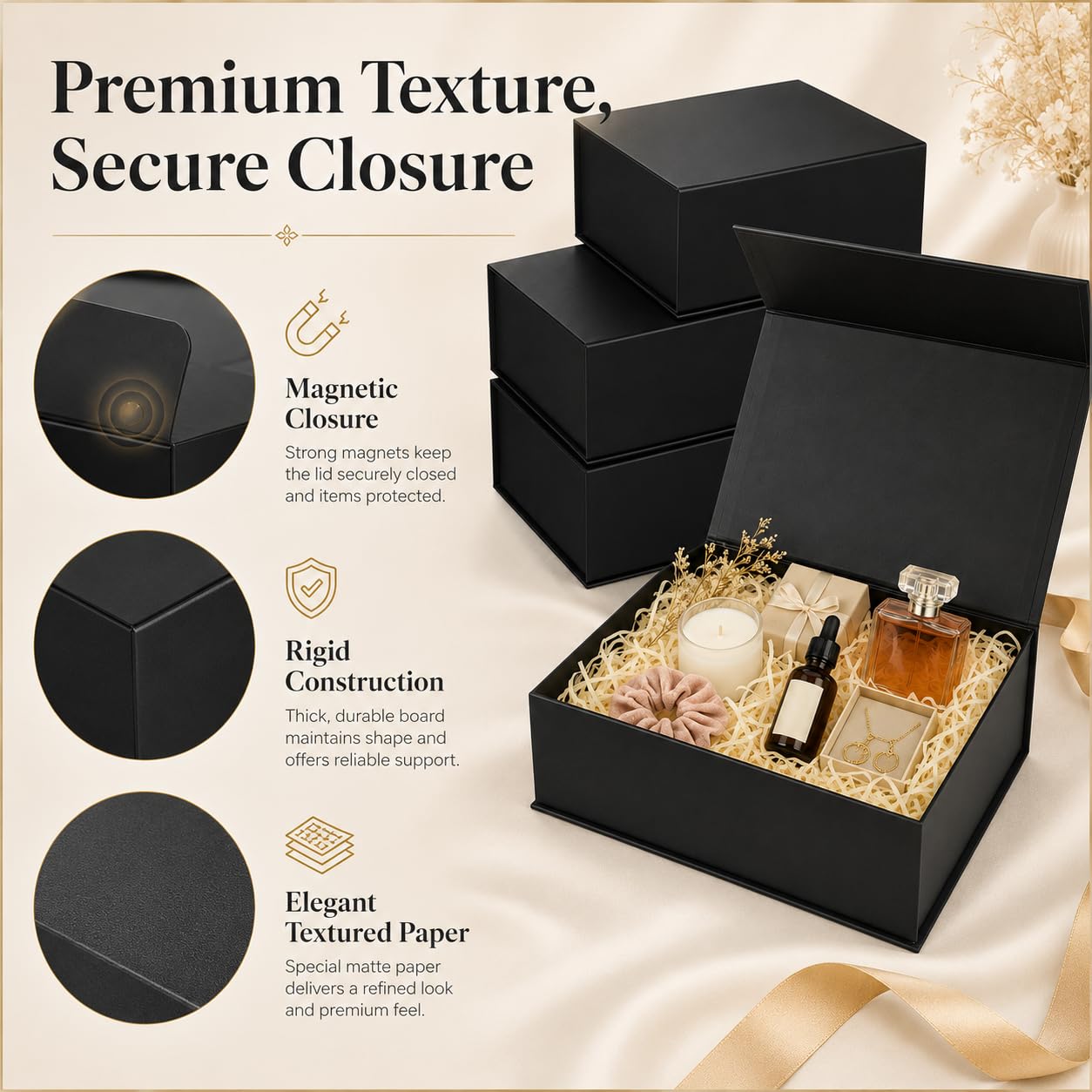 5 scatole regalo, scatole regalo nere magnetiche, scatole regalo nere per regali, coperchi con chiusura magnetica, confezione regalo per matrimoni, Natale, Halloween, regali di compleanno