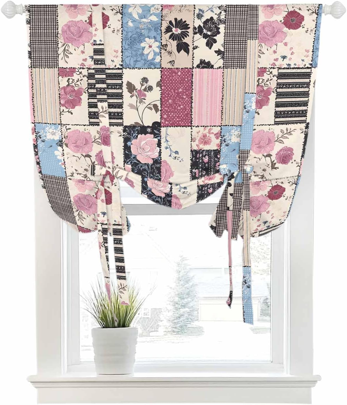Tie Up Curtain for Windows Pink Floral Balloon Window Shades for Bedroom Bathroom Adjustable Rod Pocket Farmhouse Vintage Texture Window Treatments Curtains Valance for Kitchen 52" W x 63" L