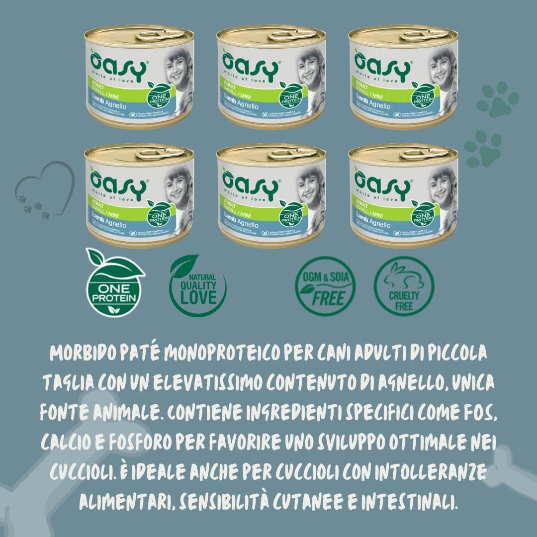 Oasy umido cane adulto monoproteico, alimento completo per cani adulti di taglia piccola (small) gusto AGNELLO | 6 scatolette da 200 grammi l’una.