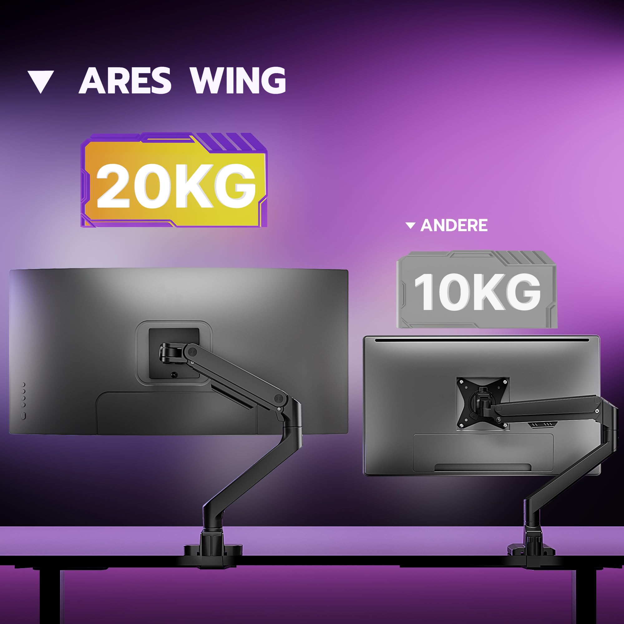 ARES WING Monitor Halterung für 17 bis 49 Zoll Bildschirme, Monitor Arm mit Gasfeder, Verstellbarer Monitorständer Max 20Kg Traglast, VESA 75/100,Schwarz