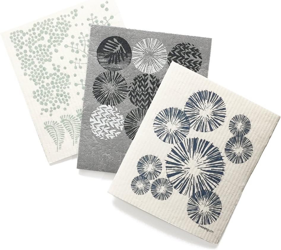 sweetgum Swedish Dishcloth, Woodland (Pinecones, Abstract Woodland, Forest), Eco-Friendly, Set of 3 | Blue/Green/Gray