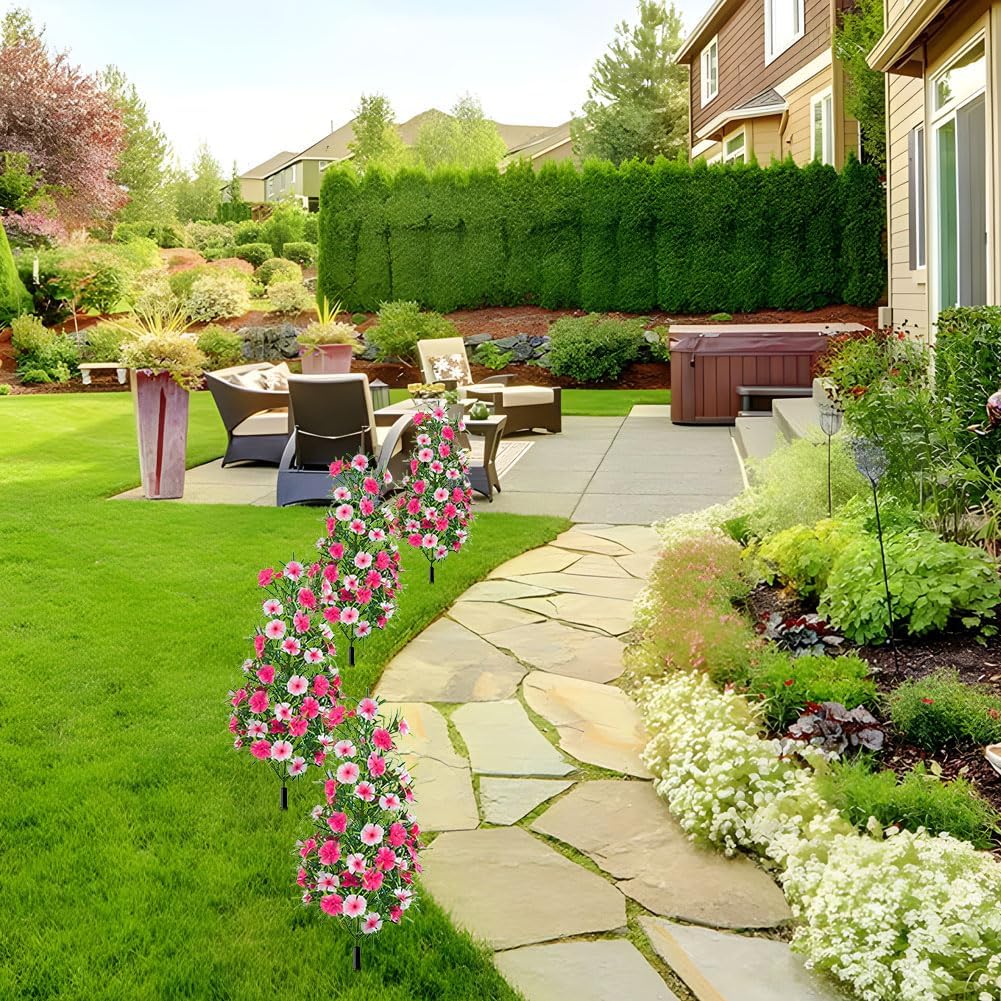 4 Pcs Artificial Topiary Ball Tree with Dianthus Flowers,20 in Cone-Shaped Faux Floral Shrub Plants with Ground Stakes,Faux UV Resistant Shrubs with Flowers for Garden, Porch,Home (2 Color)