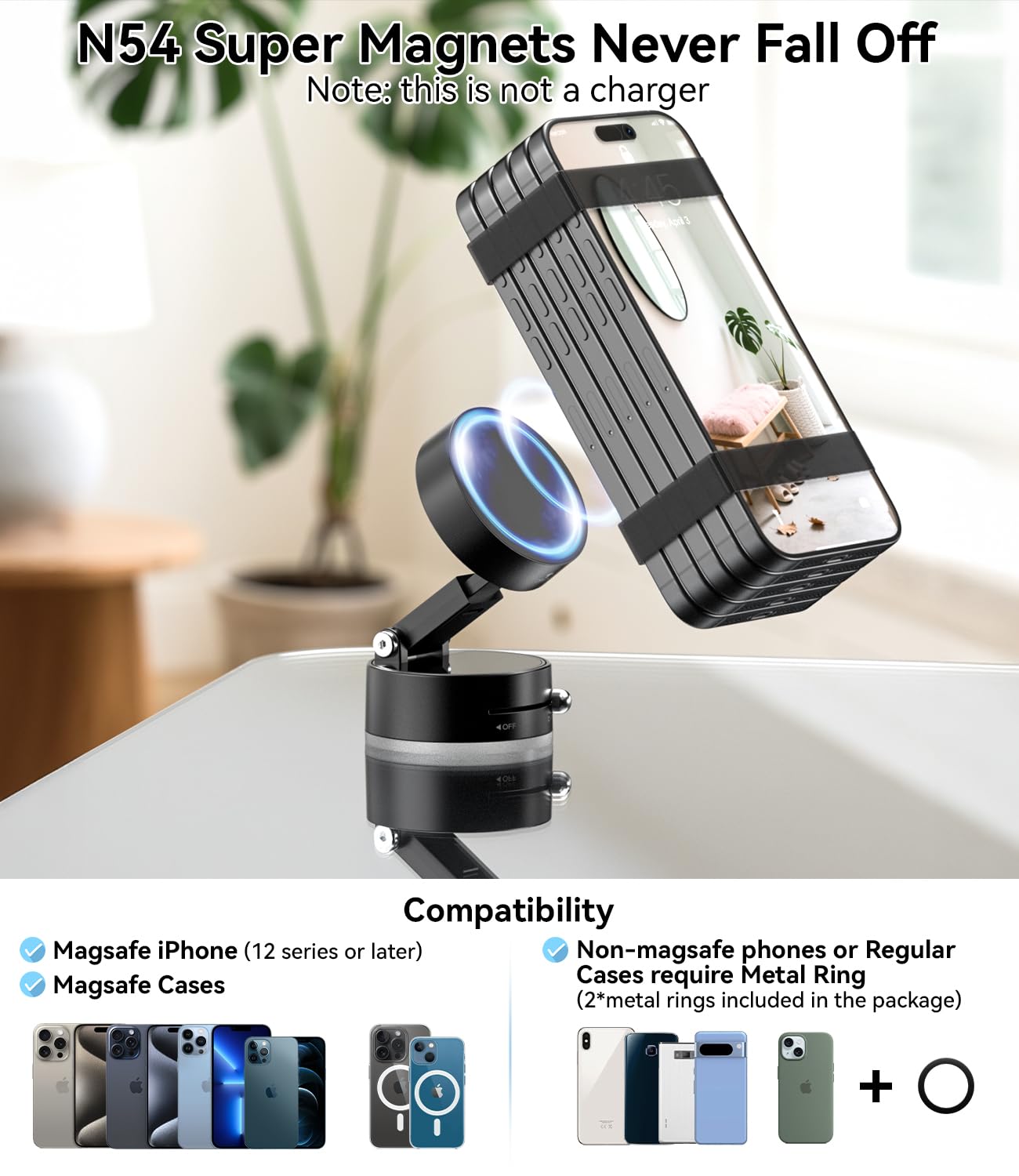 imluckies Supporto Magnetico Telefono con Aspirazione a Vuoto, Rotante e Pieghevole a 360°, Compatibile con iPhone Magsafe per Doccia/Bagno/Specchio/Auto/Cucina, Nero