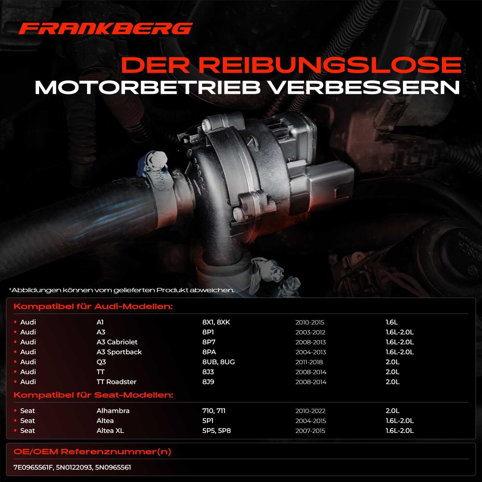 Frankberg Zusatzwasserpumpe Standheizung Kompatibel mit A1 8X 1.6L 2010-2015 A3 8P 1.6L 2.0L 2003-2013 Leon 1P1 1.6L 2.0L 2005-2012 Golf VI 5K1 517 AJ5 1.6L 2.0L 2008-2016