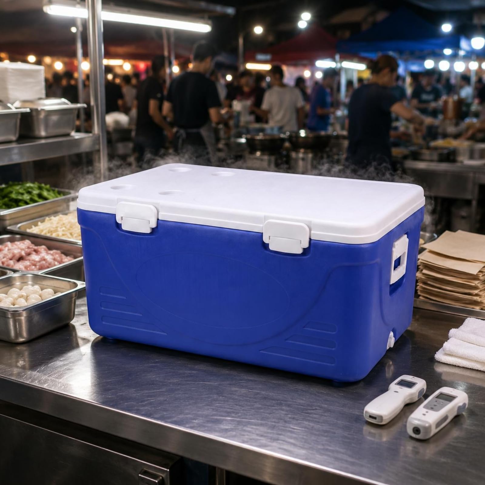 Isolierter Aufbewahrungsbehälter Kühlbehälter Isolierbox Thermobehälter Transportbox mit Deckel Front Riegel Tragegriffen Und Ablauföffnung aus HDPE